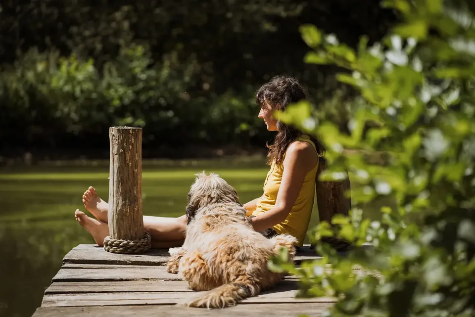 Une femme et son chien assis au bout du ponton, au bord de l'étang
